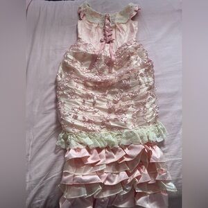 Lacemade Pink Ruffled Victorian Bustle Lace Dress